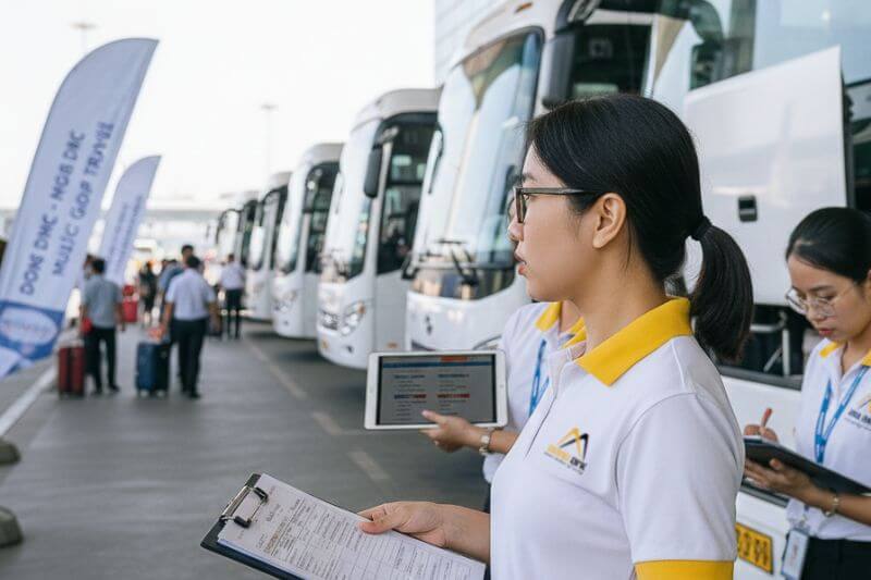 Partner-branded group signage and coordinator checklist at airport meeting point for a leisure group arrival