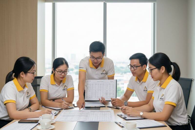 Dong DMC operations briefing with tour leaders reviewing flight list, coach allocation, and visa status checklist for a 40-pax group