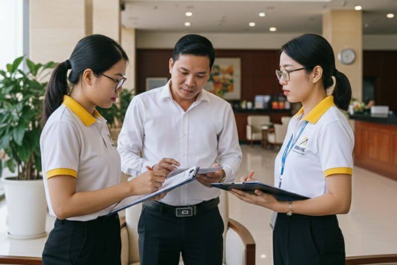 Guide handover at hotel lobby with tour leader present and checklist-based briefing to maintain continuity across segments