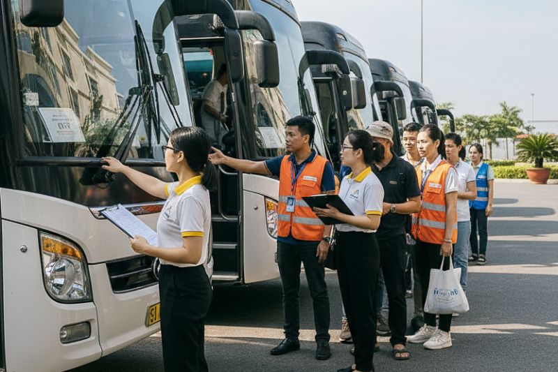 Multi-coach departure coordination with assistant guides managing headcounts and timing control before a regional guide handover