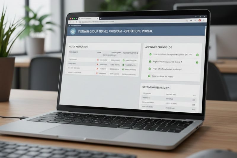 Operations portal view showing guide allocation by segment, license expiry status, assignment letter IDs, and change log approvals