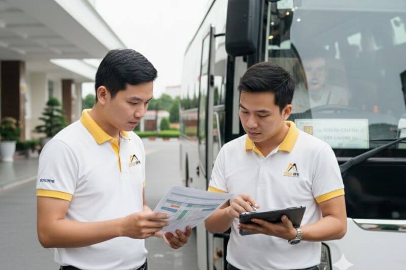 Pre-departure briefing where guide and driver review run sheet including fixed drop points, prayer windows, and restaurant time slots for Indonesian series group