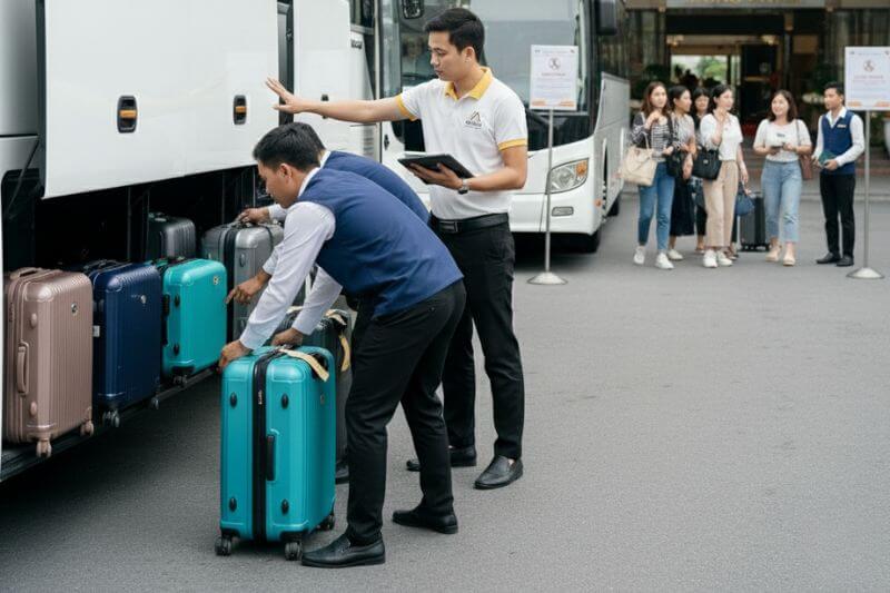 Multi-coach departure coordination at hotel entrance with assigned bay positions and luggage handling plan for Indonesian leisure series group