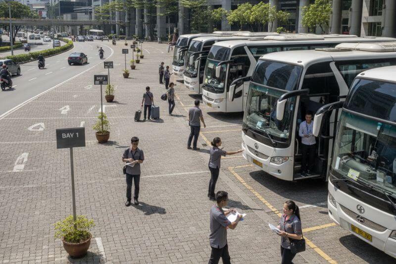Multi-coach marshaling team coordinating timed departures with bay assignments and attendee count verification