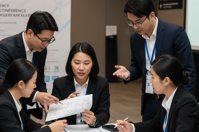 Operations briefing with run sheet, RACI roles, and escalation contacts before conference day opening