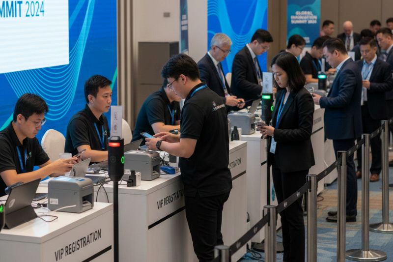 On-site registration setup with badge printing stations, QR check-in lanes, and dedicated VIP desk for conference delegates