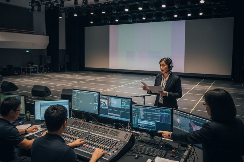 Technical rehearsal with show caller, AV control desk, and venue operations confirming cues and redundancy checks