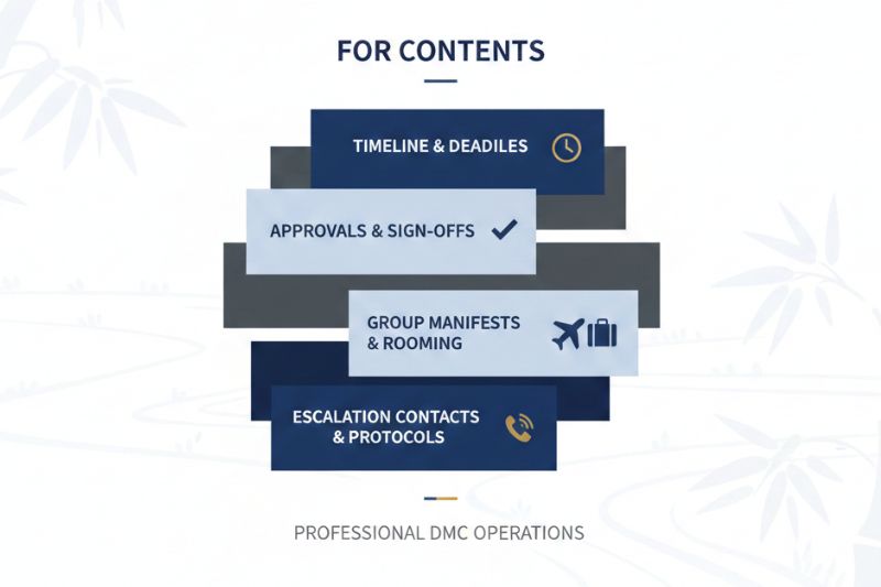 Example contents list for a group travel briefing pack including timeline locks, approvals, manifests, and escalation contacts
