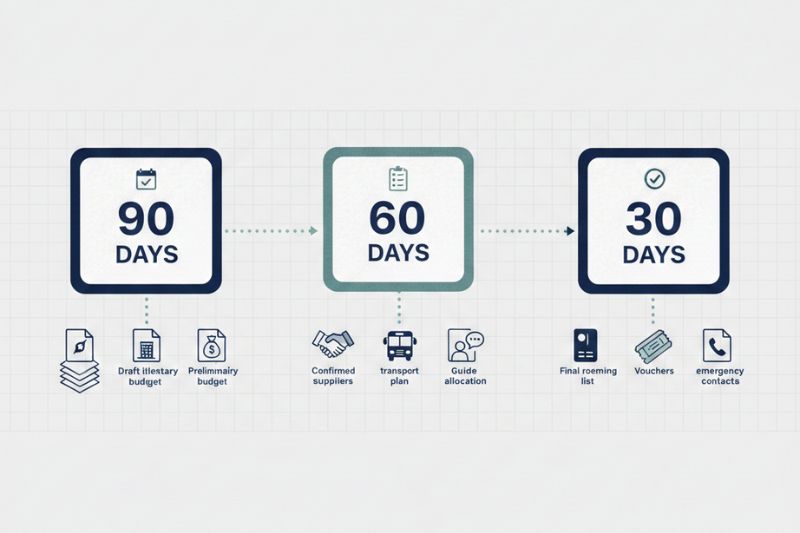 Planning timeline diagram for Vietnam group travel showing 90, 60, and 30-day lock points and typical deliverables