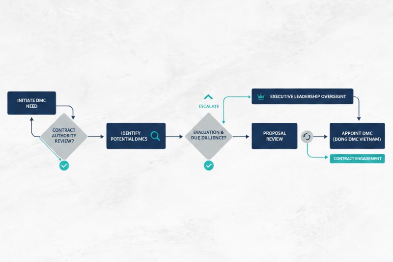 Governance workflow diagram for deciding whether to appoint a DMC in Vietnam (contract authority, control points, escalation paths)