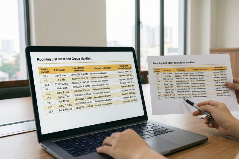 Example control sheet concept: version-controlled rooming list and manifest with edit owner, timestamp, change log, and distribution acknowledgements