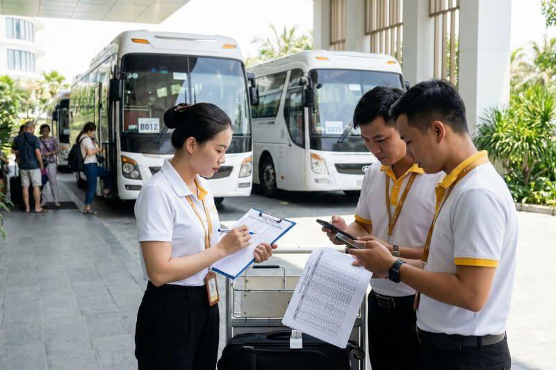 Dispatch matrix example for split routing in Da Nang: waves, bus numbers, guides, hotels, and timed entry blocks