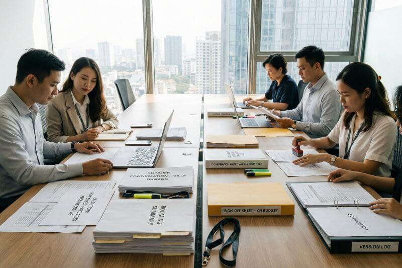 Side-by-side governance view for incentive travel operations: role boundaries, approval paths, and documentation trail