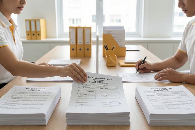 Governance handoffs for group programs showing RFQ scope, sign-off points, and incident audit trail requirements