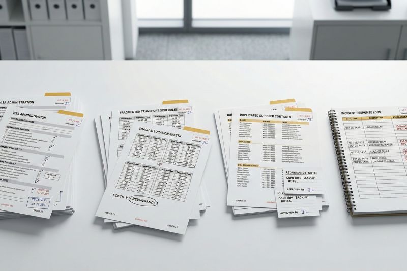 Conceptual map of group travel complexity drivers: visa administration, transport fragmentation, supplier redundancy, incident response