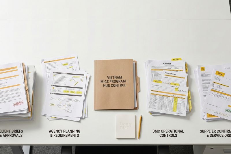 Governance view of a hub-based Vietnam MICE program showing decision owners (client, agency, DMC, suppliers) and key control points