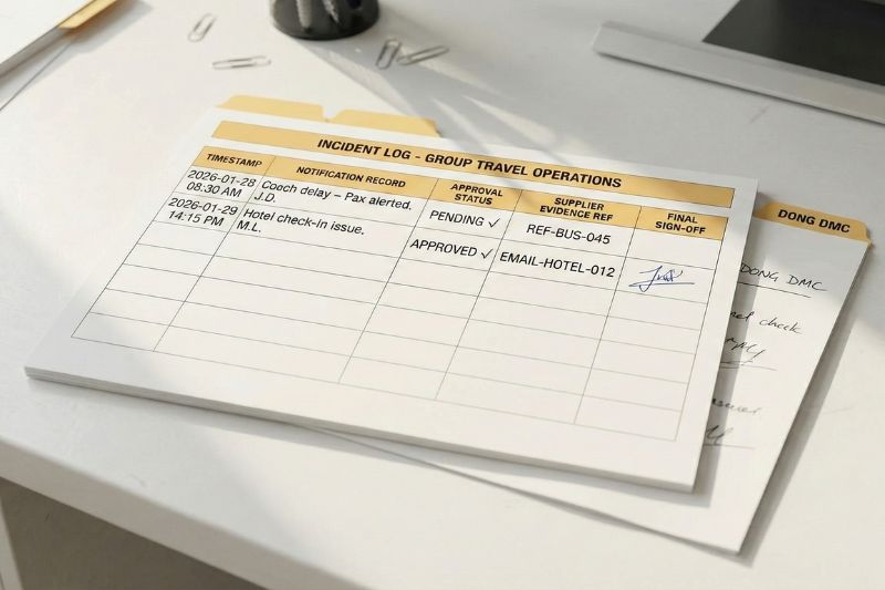 Sample incident log structure showing timestamps, notifications, approvals, supplier evidence, and final sign-off fields