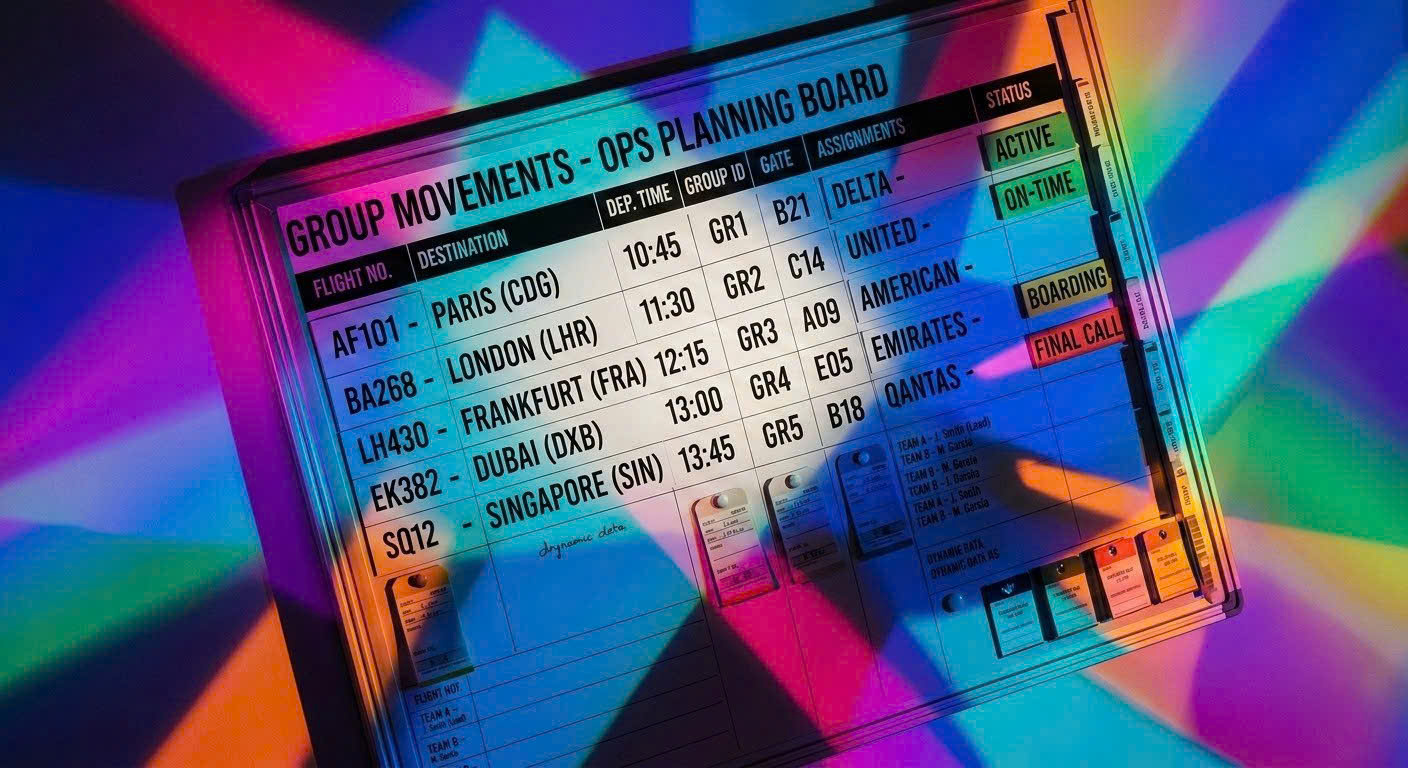 Airport operations planning board showing flight times and assignments for group movements