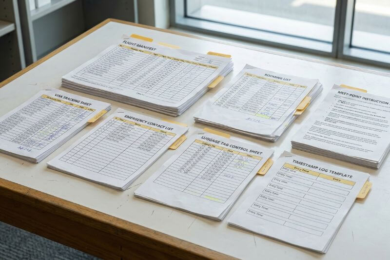Governance artifacts for group arrivals: flight manifest, visa tracker, rooming list, emergency contacts, luggage tag sheet, meet point map, timestamp log template
