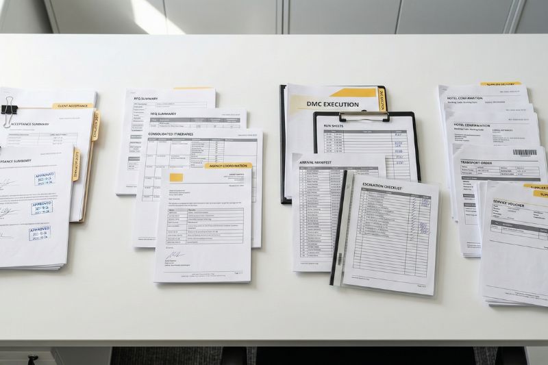 Responsibility map for Vietnam group travel showing end client approvals, agency inbound coordination, DMC on-ground execution, suppliers delivery, and VNAT/provincial authorities standards and compliance