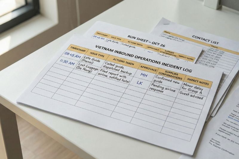 Example incident log fields for Vietnam inbound group operations: timestamp, issue type, actions taken, approvals, supplier confirmations, impact note