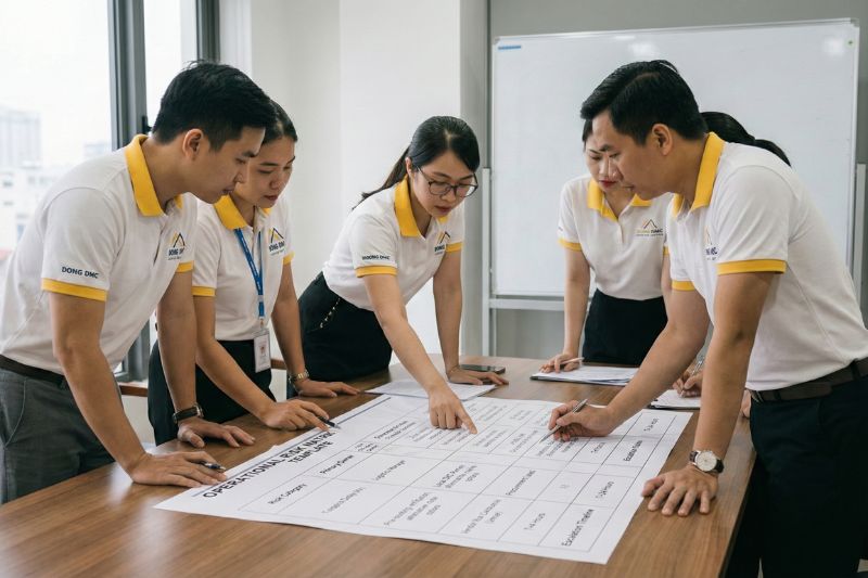 Risk matrix template showing risk category, primary owner, secondary owner, controls, and escalation timeline for a Vietnam corporate retreat