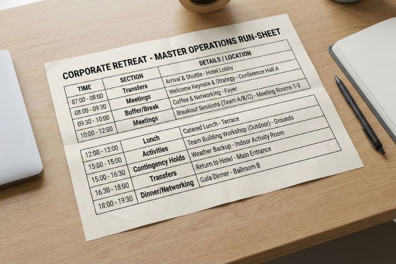Example of a corporate retreat master run-sheet structure showing meetings, transfers, activities, and contingency holds