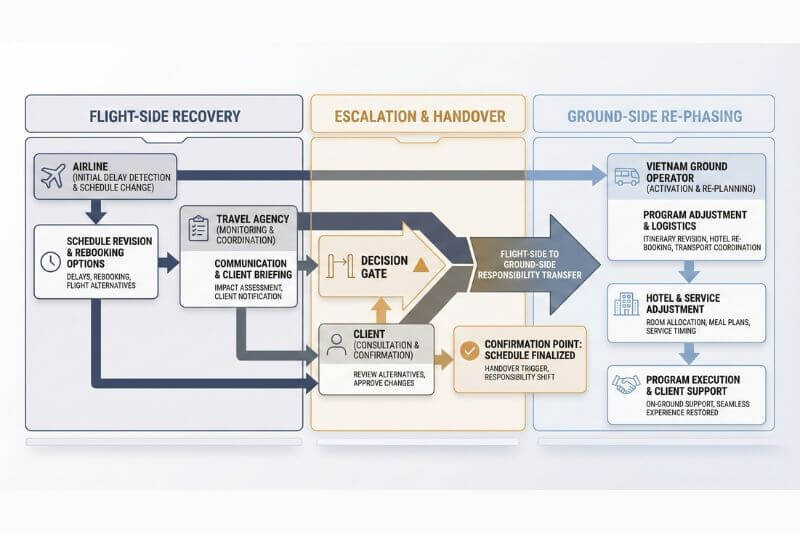 Conceptual escalation flow for group air disruptions from airline to agency to client and Vietnam ground operator, highlighting handover from flight-side recovery to ground-side re-phasing