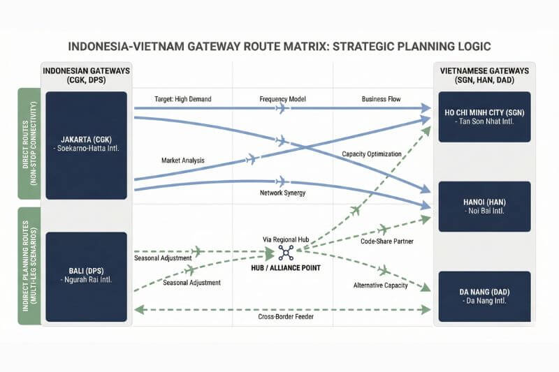 Illustrative route matrix for Indonesia to Vietnam gateways showing direct versus indirect planning categories for CGK and DPS to SGN, HAN, and DAD