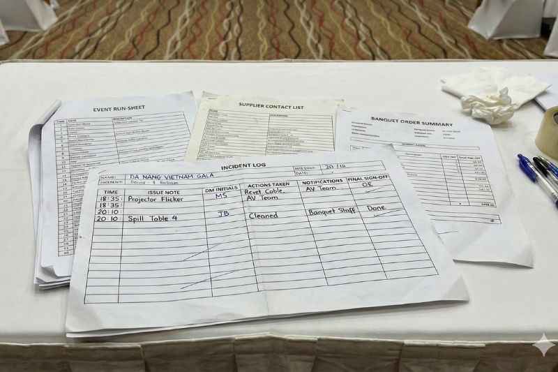 Incident log template for gala dinner operations showing time, decision-maker, actions, notifications, and sign-offs