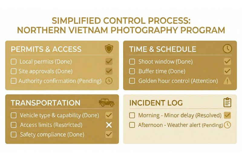 Checklist-style view of governance controls for Northern Vietnam photography programs including permissions, timing architecture, vehicle specs, and incident logging