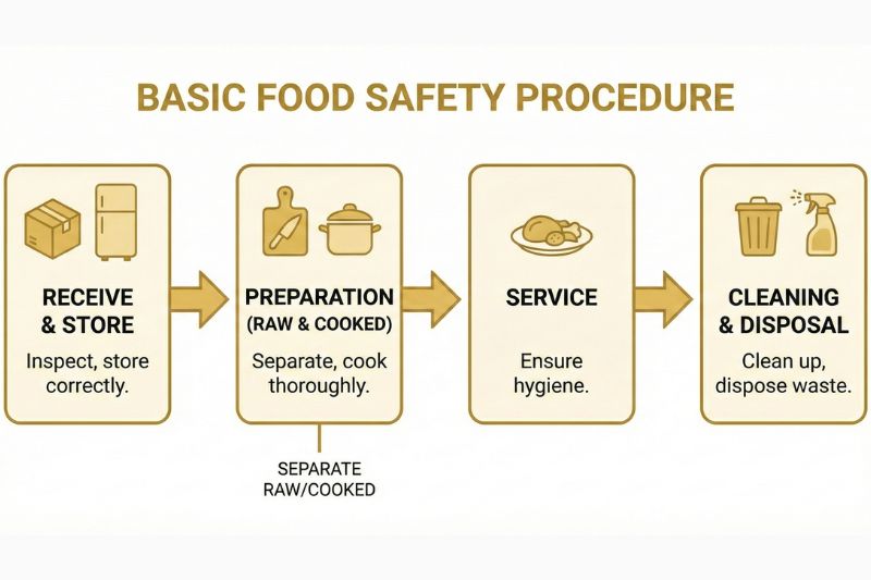 Diagram-style image showing group dining control zones: receiving, storage, preparation (raw vs cooked separation), holding, service, and waste handling
