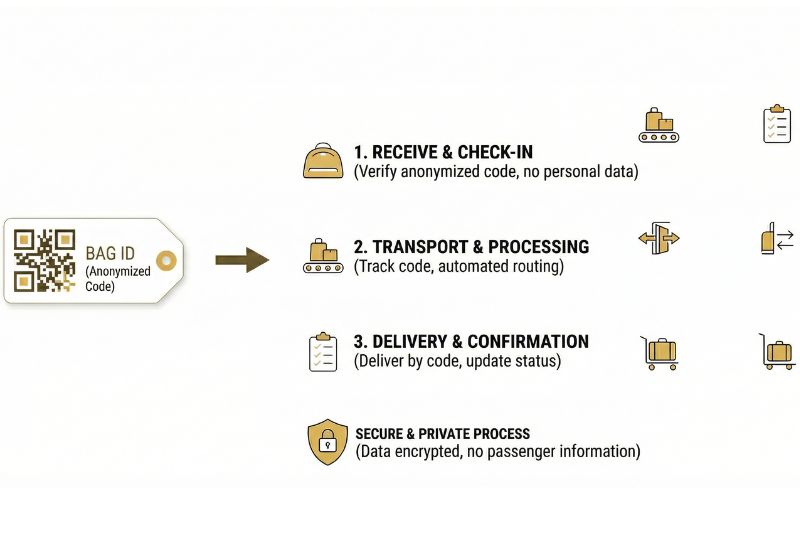 Example structure of a group baggage manifest and tag logic linking bag identifiers to routing without exposing personal data