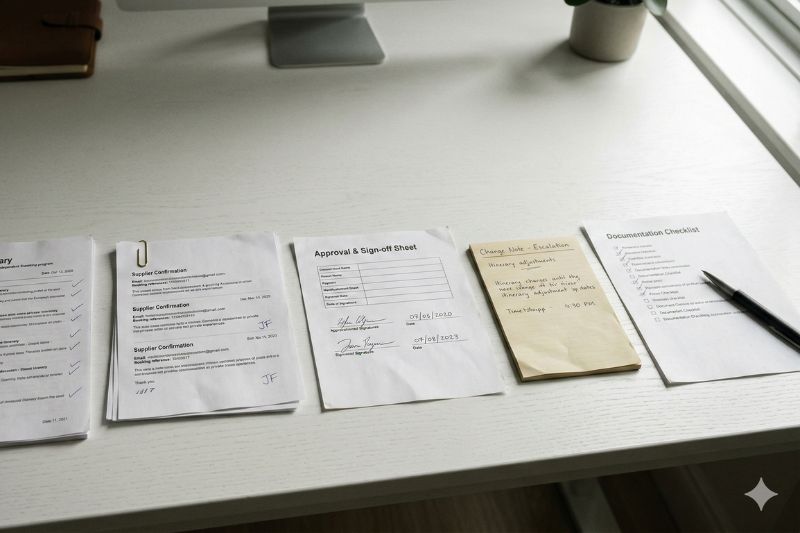 Governance workflow for European luxury FIT incentive travel in Vietnam showing decision owners, escalation triggers, and documentation checkpoints