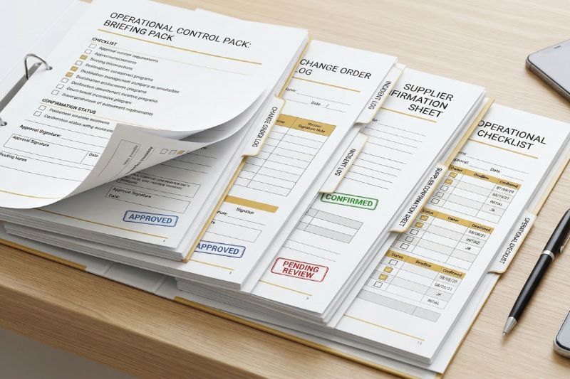 Checklist-style document stack representing briefing packs, change orders, incident logs, and supplier confirmations in a white-label DMC model
