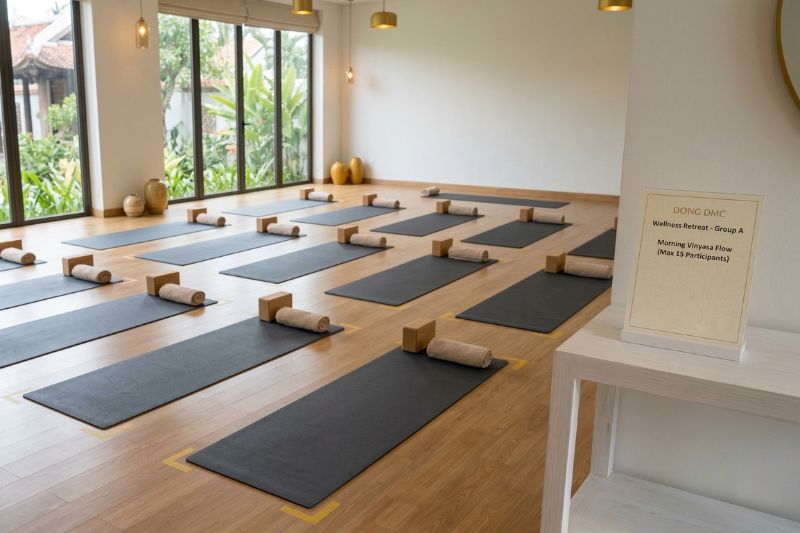 Wellness retreat planning context: yoga mats arranged in a studio space, representing fixed class capacity and schedule windows