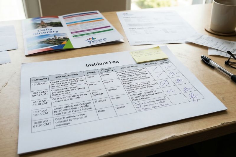 Example fields for an incentive group incident log including timestamp, owner, decision right, actions, approvals, and closure sign-off