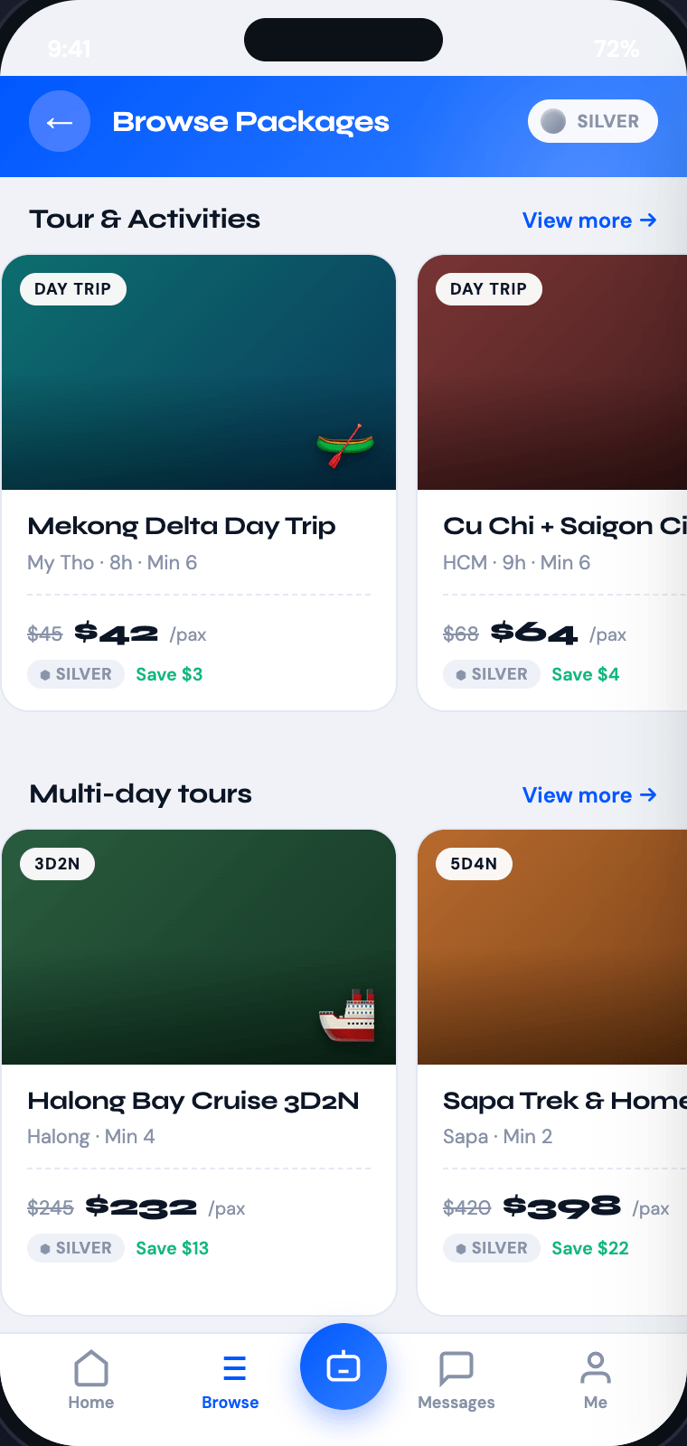 Màn hình catalog Dong DMC Agent App — chip lọc danh mục Tour ngày, Nhiều ngày, Transfer, MICE; thẻ tour nổi bật; cuộn ngang các gói có giá tier với dòng tiết kiệm Silver