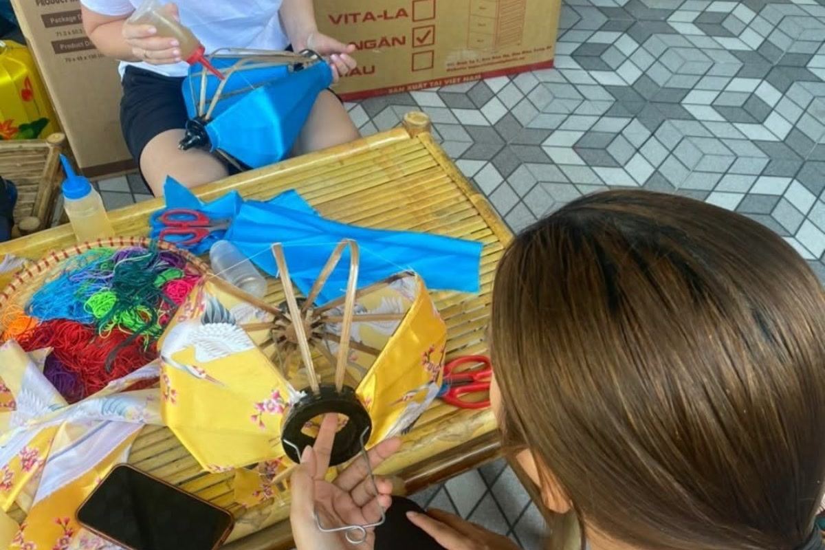 Silk lantern frames and fabric in a lantern-making workshop