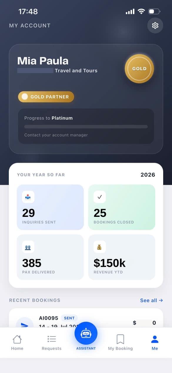 Pantalla de cuenta de la Partner App con nivel y cifras del año