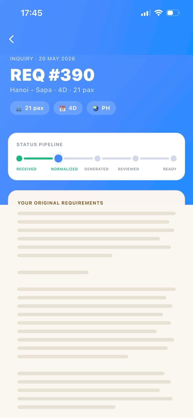 Dong DMC Partner App inquiry detail screen showing three priced proposal options