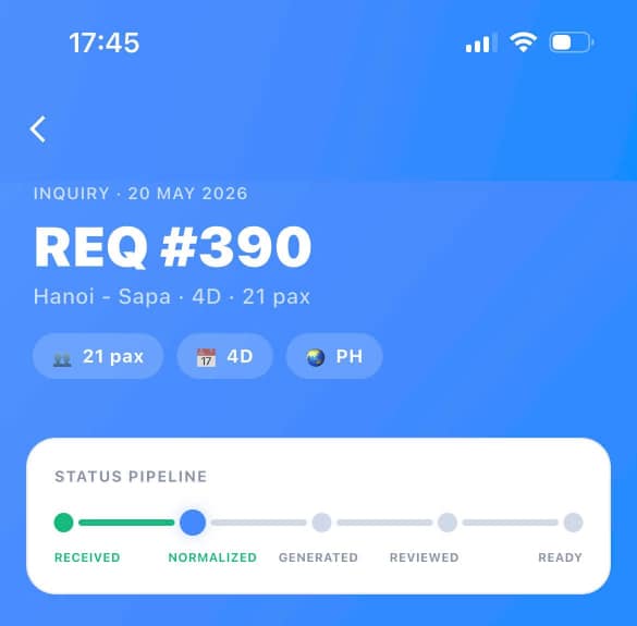 Pantalla de solicitud de la Partner App con etapas de recibida a lista