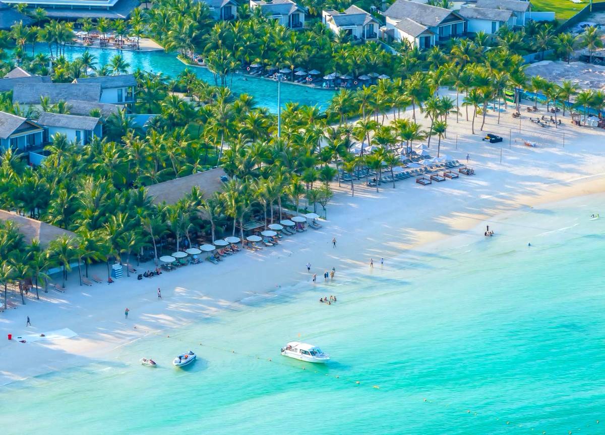 Aerial view of Bai Khem (Kem Beach), Phu Quoc: white sand, turquoise water and a beachfront resort