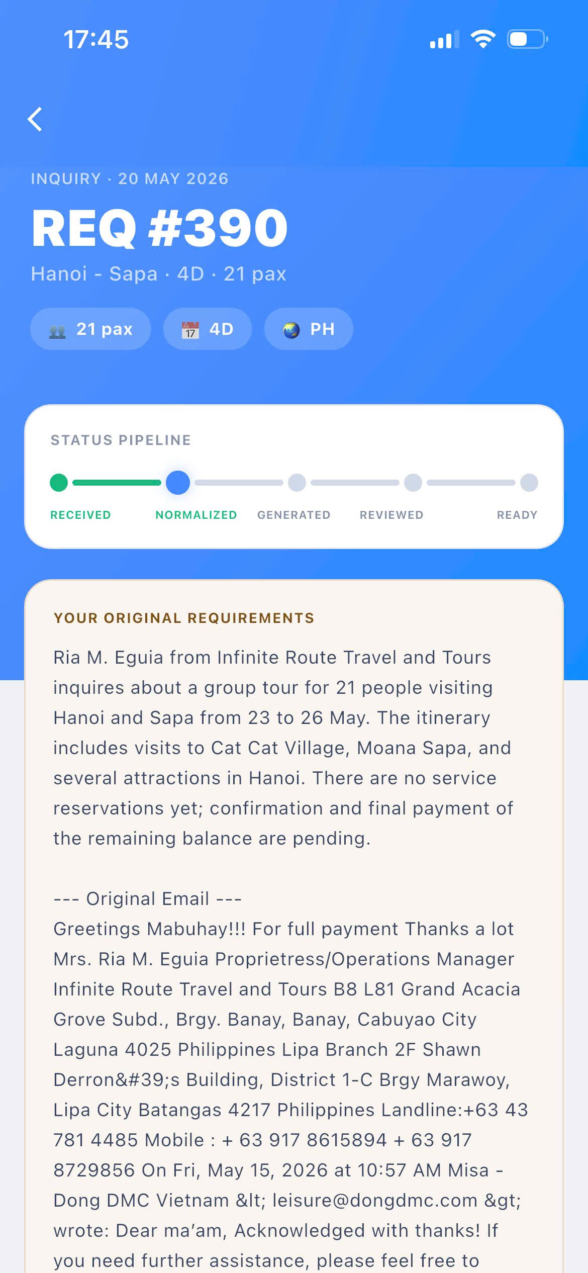 Dong DMC Agent App — màn hình phương án báo giá